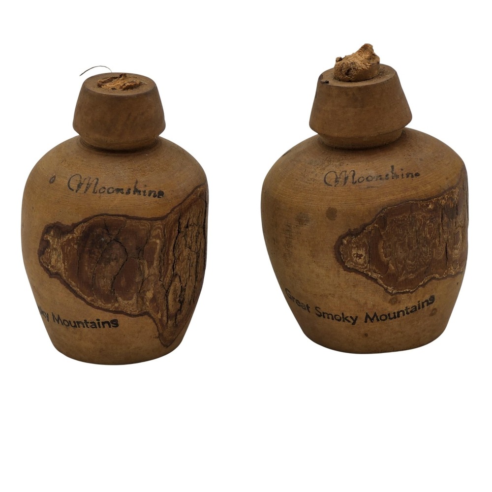 Set of 2 Wooden Moonshine Jugs Great Smoky Mountains Souvenir‎ Rustic Folk Art